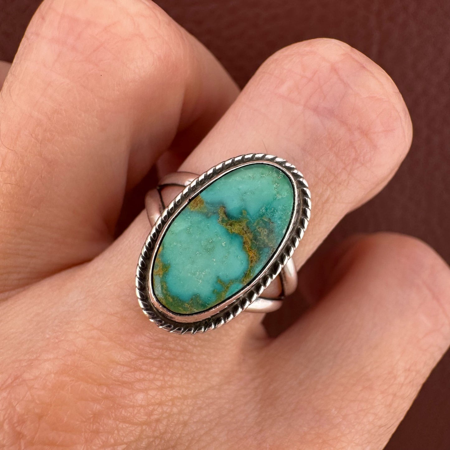 Vintage Southwestern Oval Turquoise Sterling Silver Ring Size 6.75