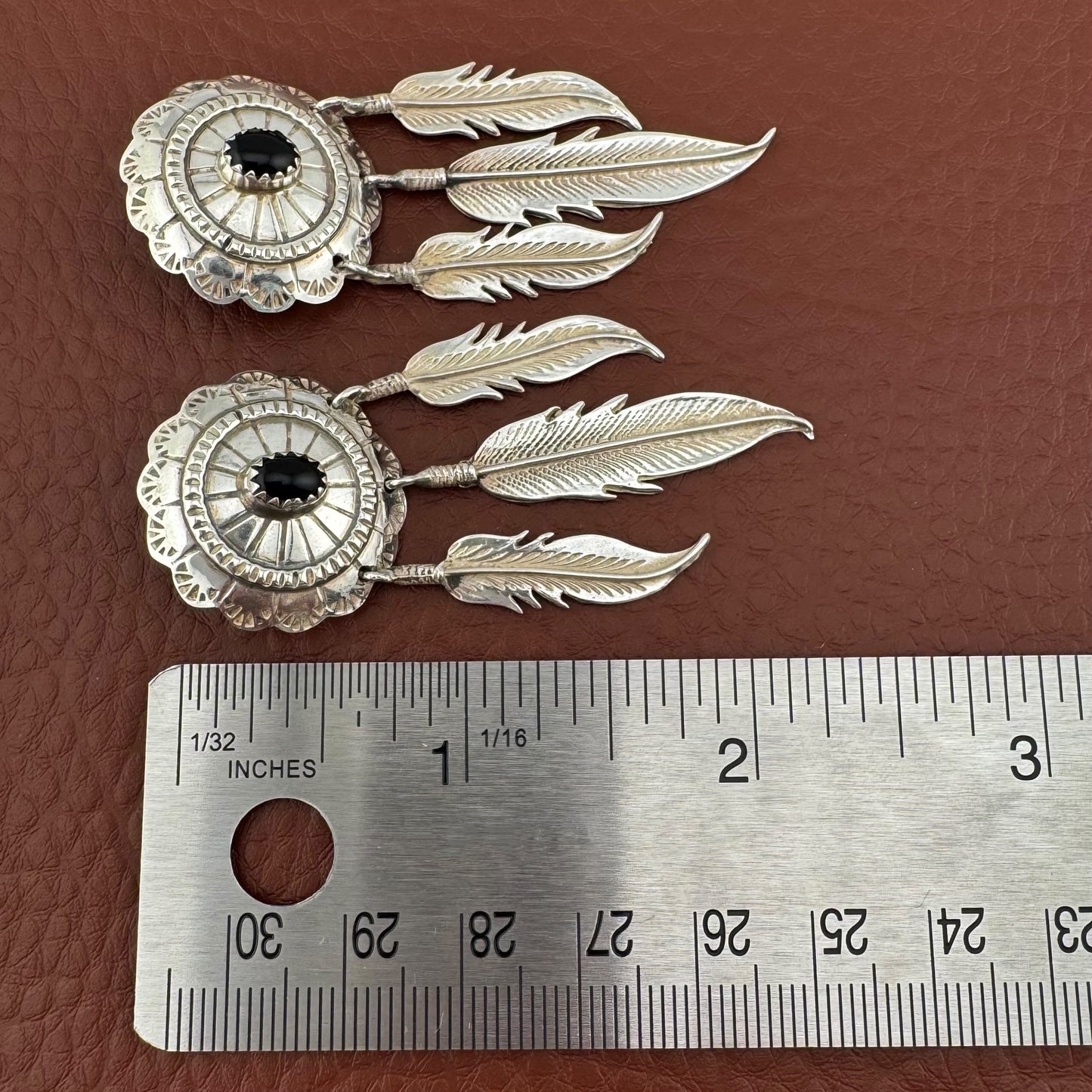 Vintage Southwestern Sterling Silver Black Onyx Feather Dangle Earrings