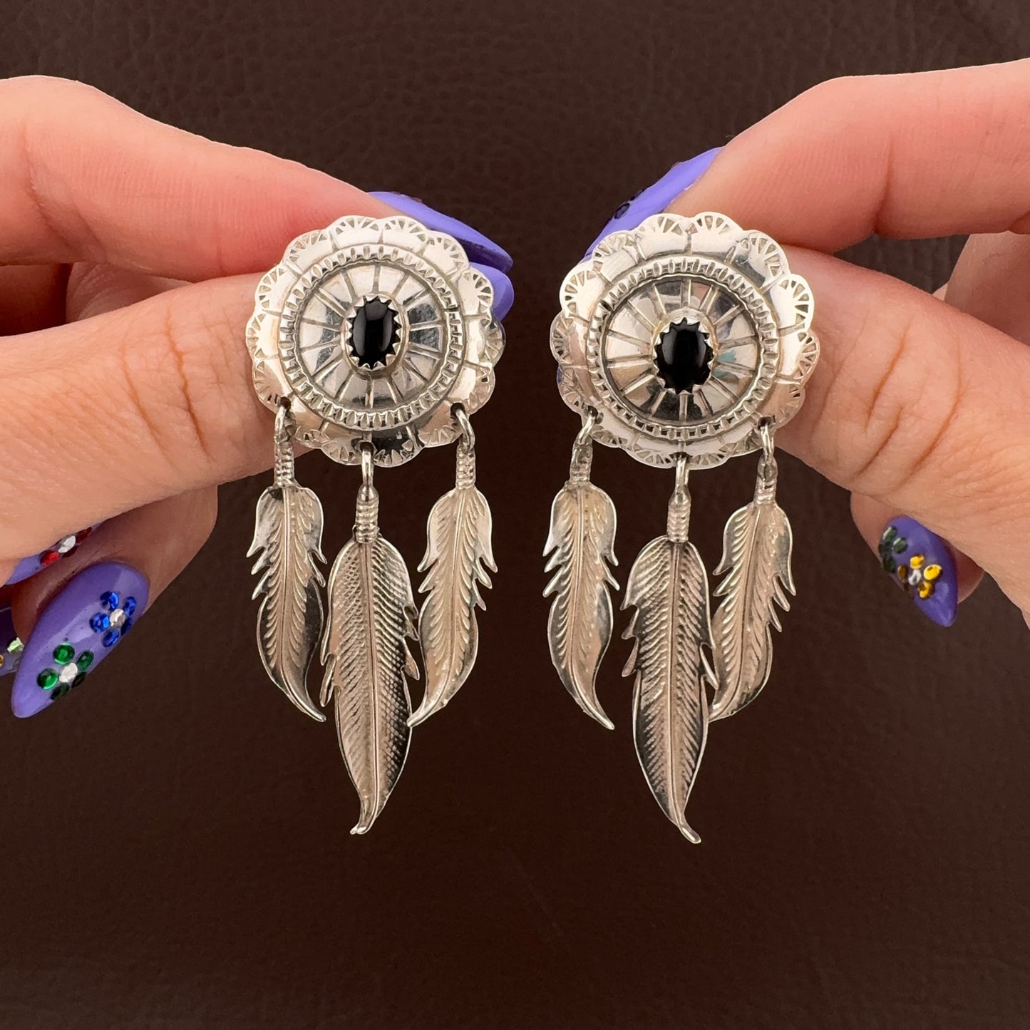 Vintage Southwestern Sterling Silver Black Onyx Feather Dangle Earrings