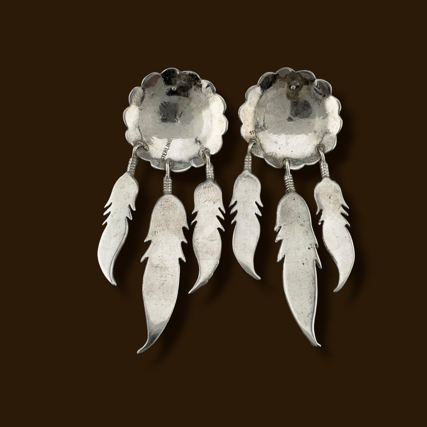 Vintage Southwestern Sterling Silver Black Onyx Feather Dangle Earrings