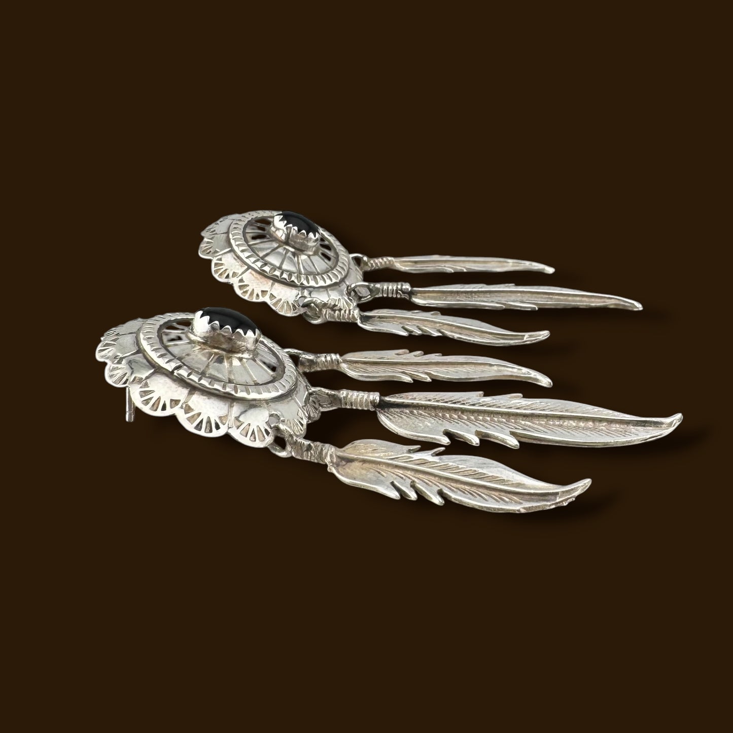 Vintage Southwestern Sterling Silver Black Onyx Feather Dangle Earrings