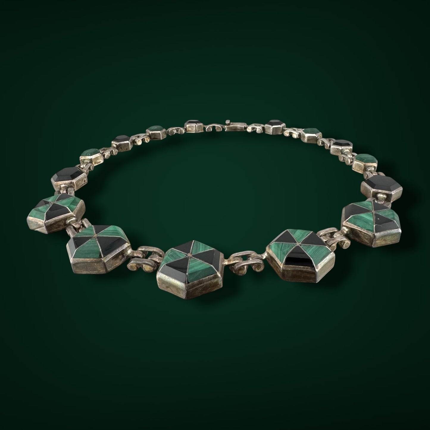 Vintage Taxco 950 Silver Malachite Onyx Statement Necklace 18.5" Mexican Jewelry