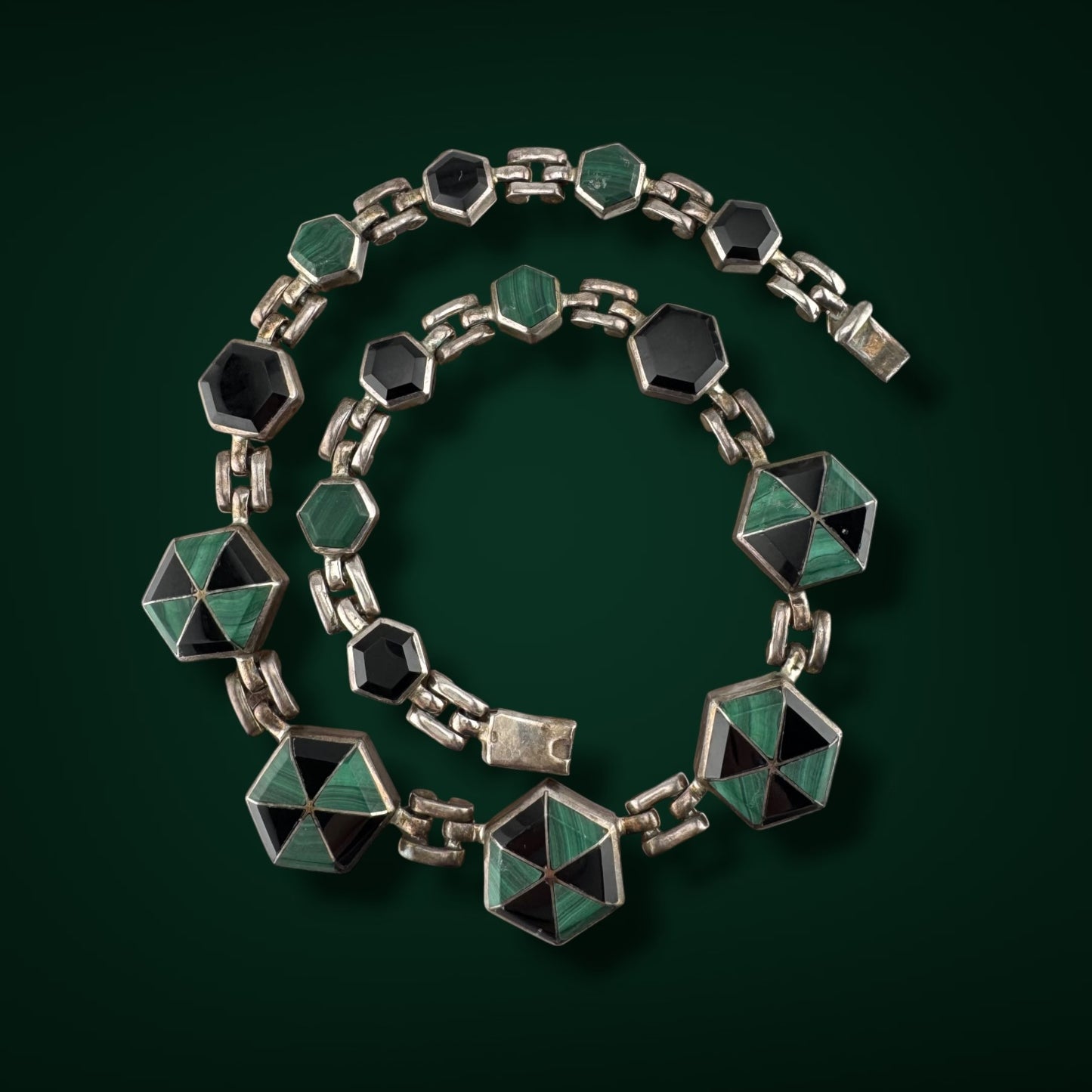 Vintage Taxco 950 Silver Malachite Onyx Statement Necklace 18.5" Mexican Jewelry