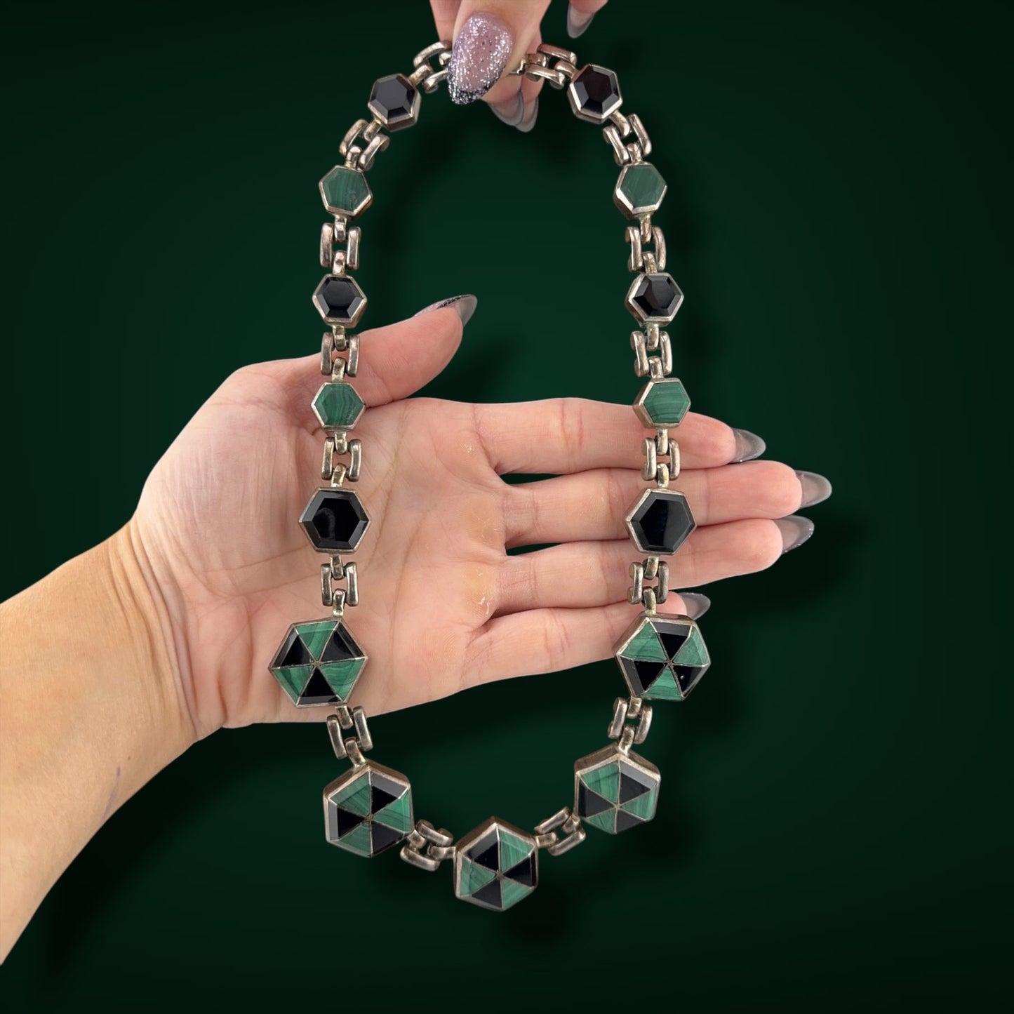 Vintage Taxco 950 Silver Malachite Onyx Statement Necklace 18.5" Mexican Jewelry