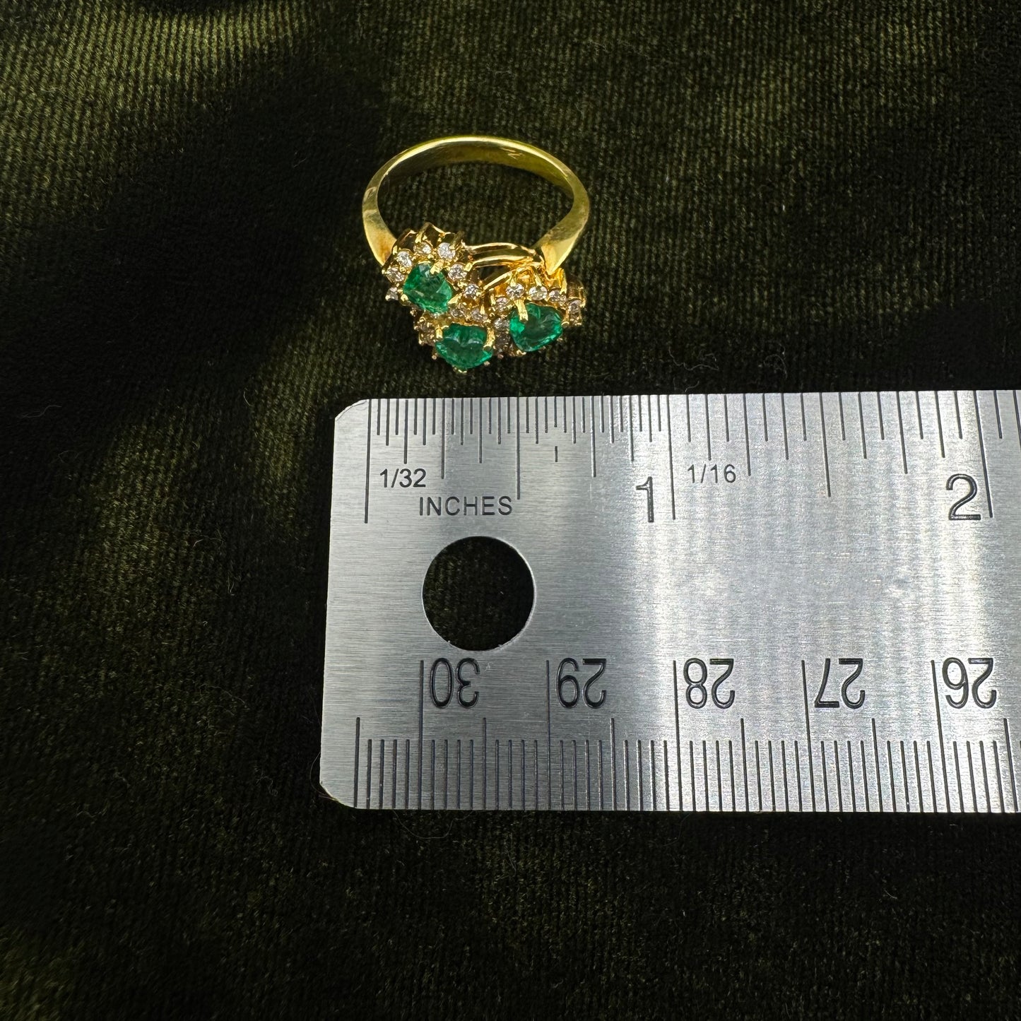 Vintage 16K Gold 0.72ctw Natural Emerald & Diamond Heart Cluster Ring Size 6
