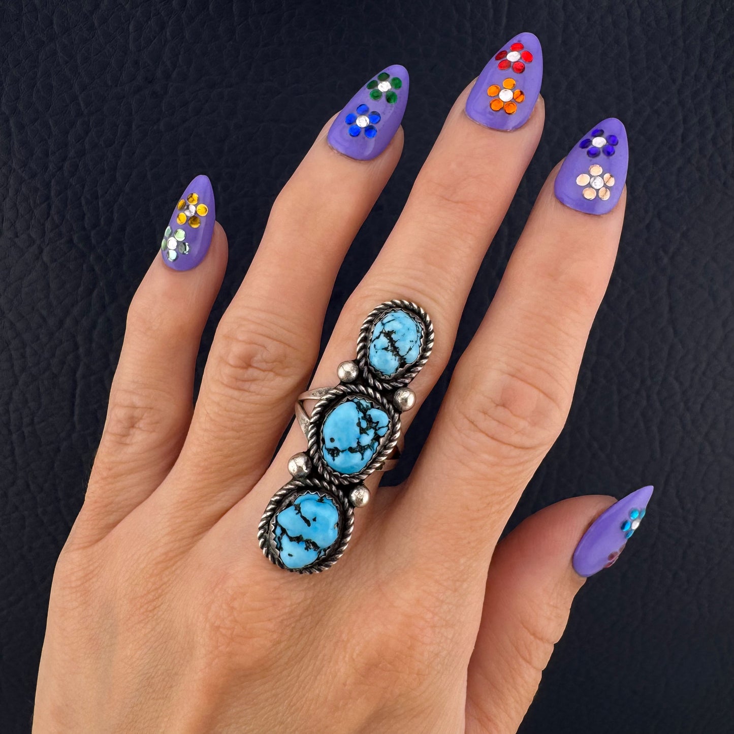 Vintage Southwestern Sterling Silver Three Stone Turquoise Statement Ring Size 6