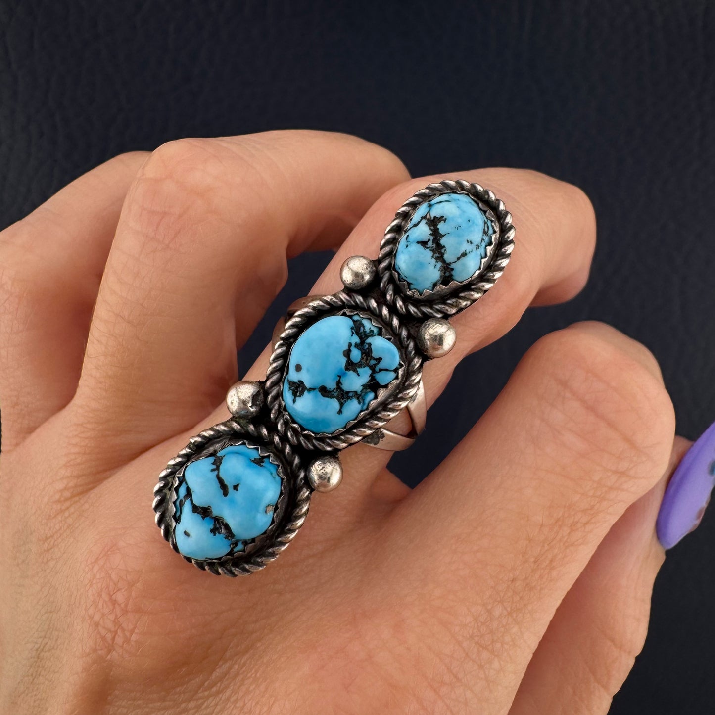 Vintage Southwestern Sterling Silver Three Stone Turquoise Statement Ring Size 6