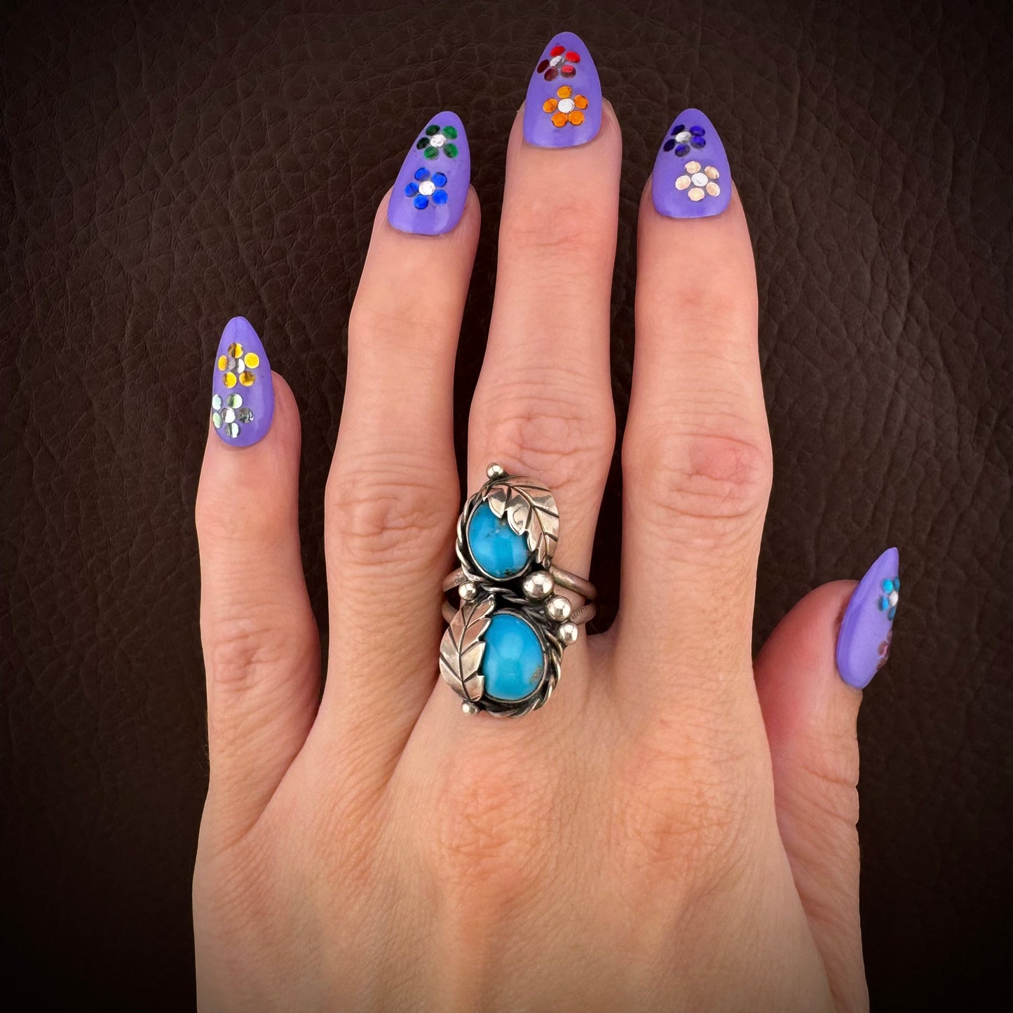 Vintage Southwestern Turquoise Feather Ring Sterling Silver Size 6.75
