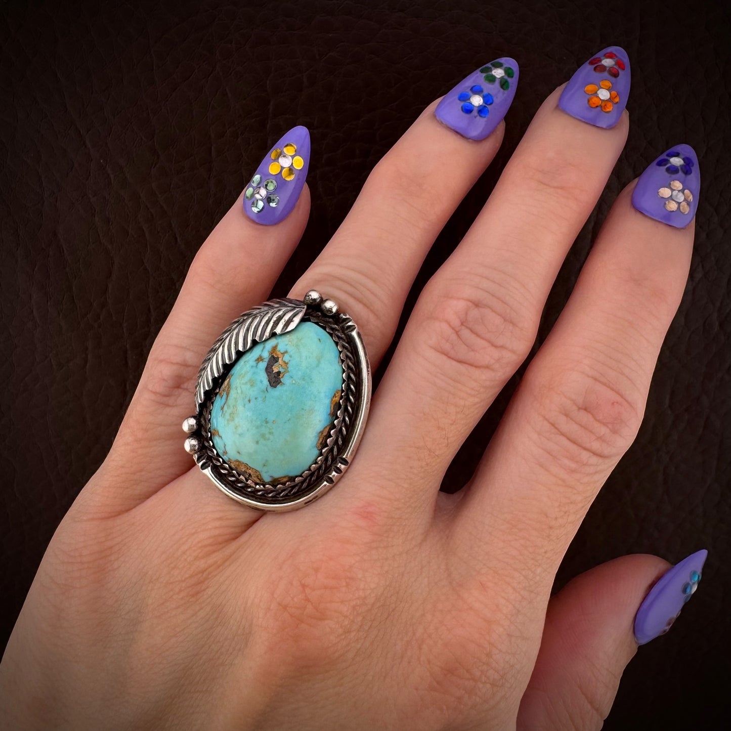 Vintage Southwestern Sterling Silver Turquoise Feather Statement Ring