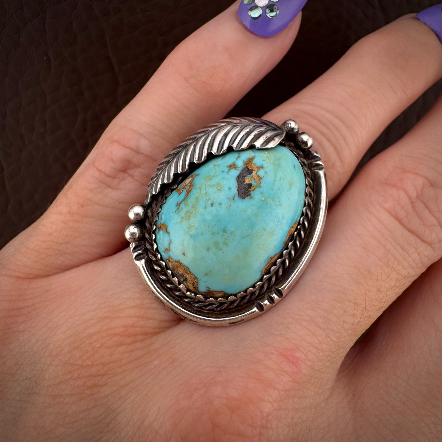 Vintage Southwestern Sterling Silver Turquoise Feather Statement Ring