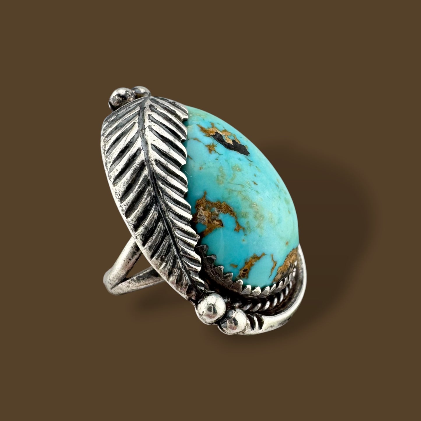 Vintage Southwestern Sterling Silver Turquoise Feather Statement Ring