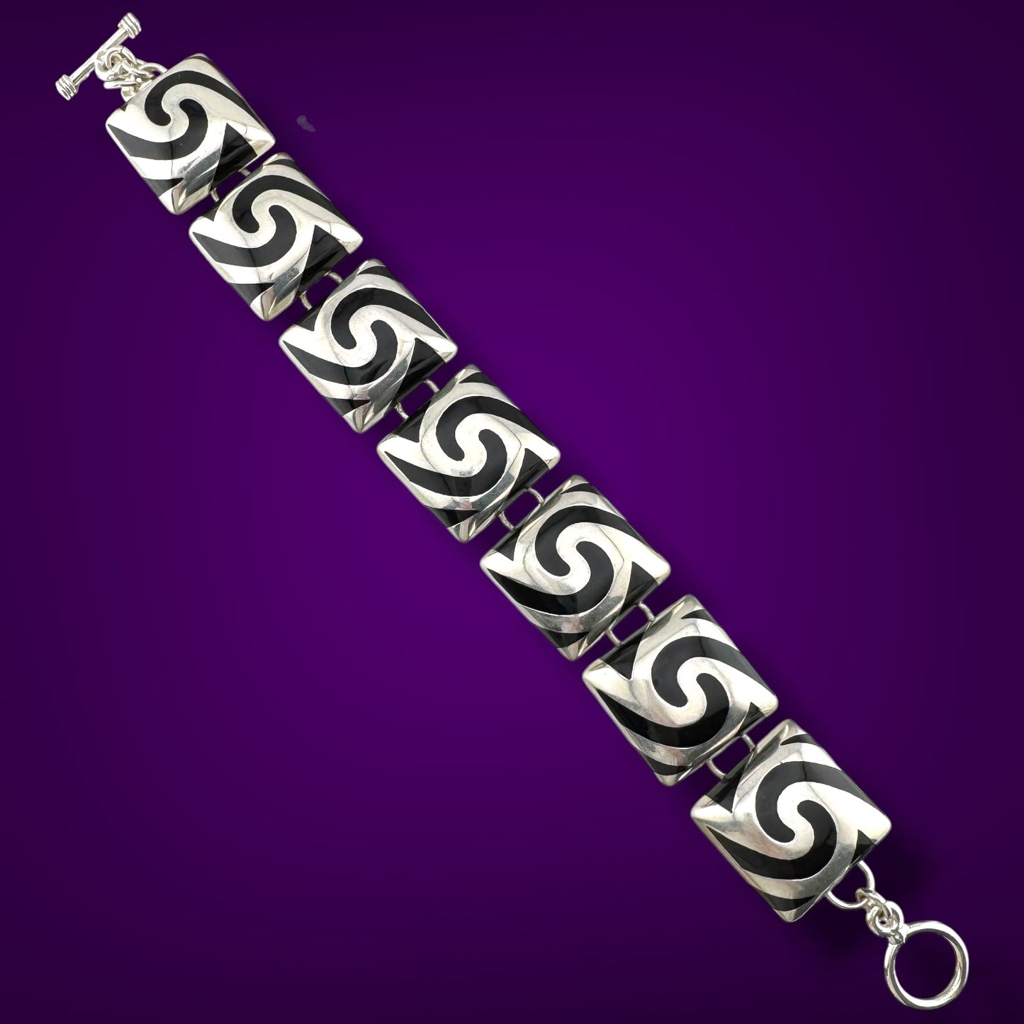 Vintage Sterling Silver Black Enamel Swirl Bracelet - Modernist Jewelry