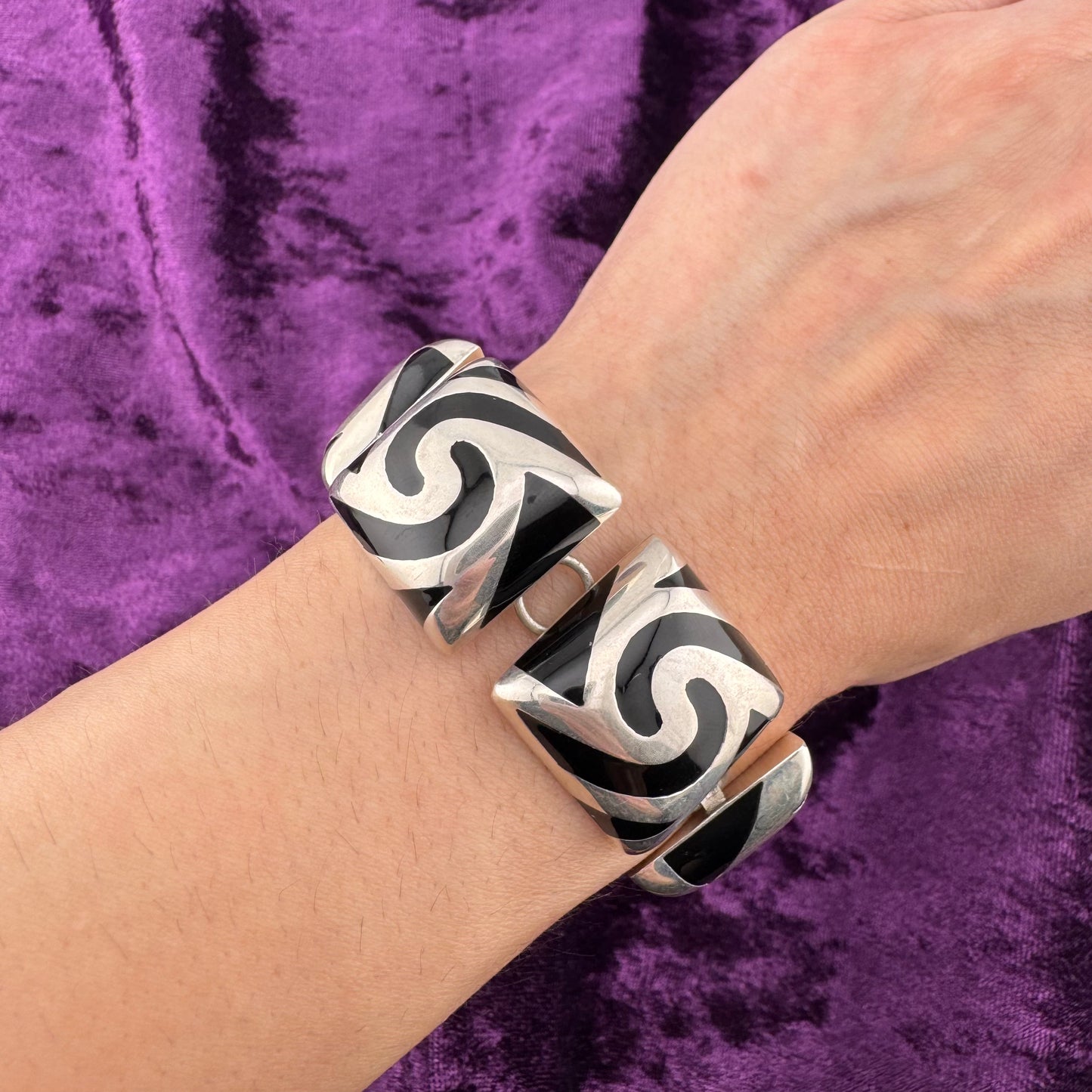 Vintage Sterling Silver Black Enamel Swirl Bracelet - Modernist Jewelry