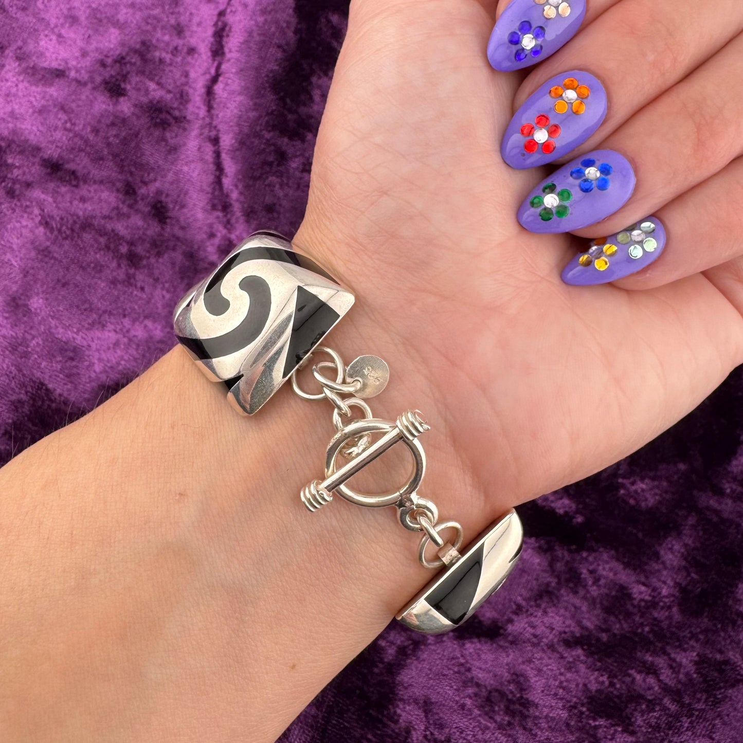 Vintage Sterling Silver Black Enamel Swirl Bracelet - Modernist Jewelry
