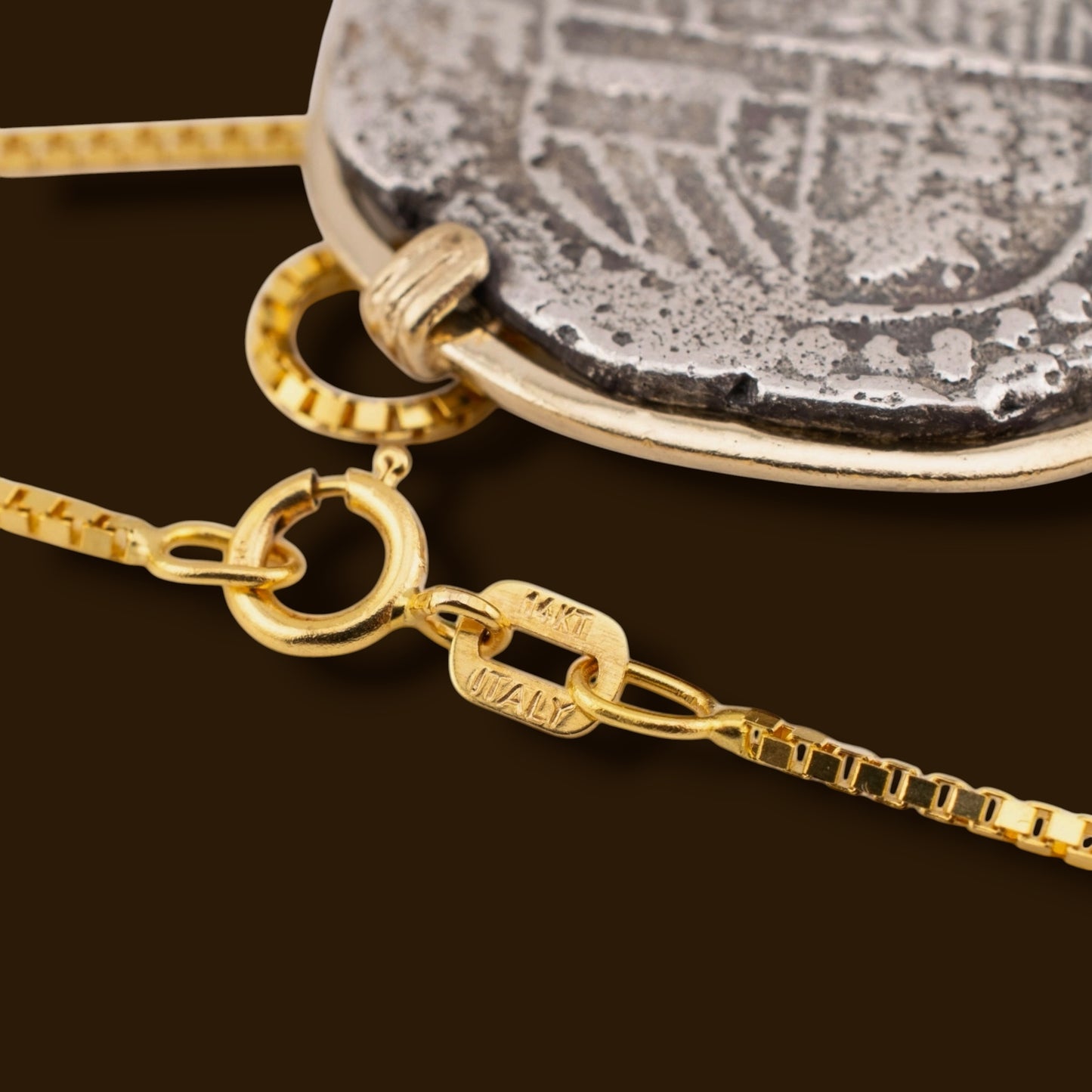 Vintage Spanish Reales Coin Pendant 14K Gold Bezel Necklace Antique Silver
