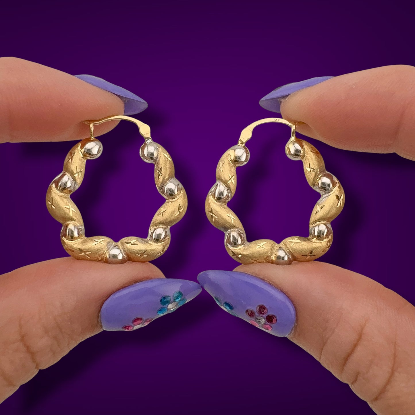 Vintage 14K Two-Tone Gold Cloud Hoop Earrings Puffy Twisted Hoop Earrings