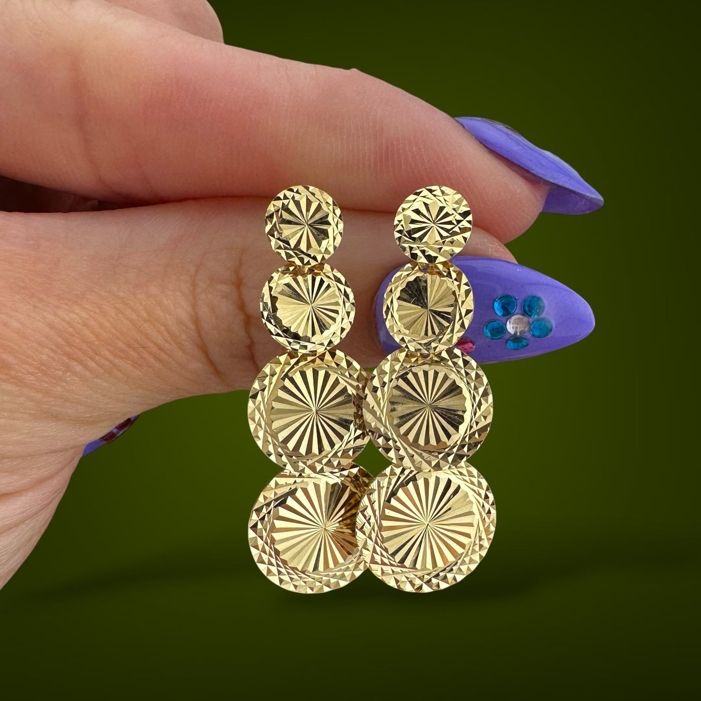 Vintage 14K Gold Simmering Diamond Cut Graduated Disc Dangle Earrings