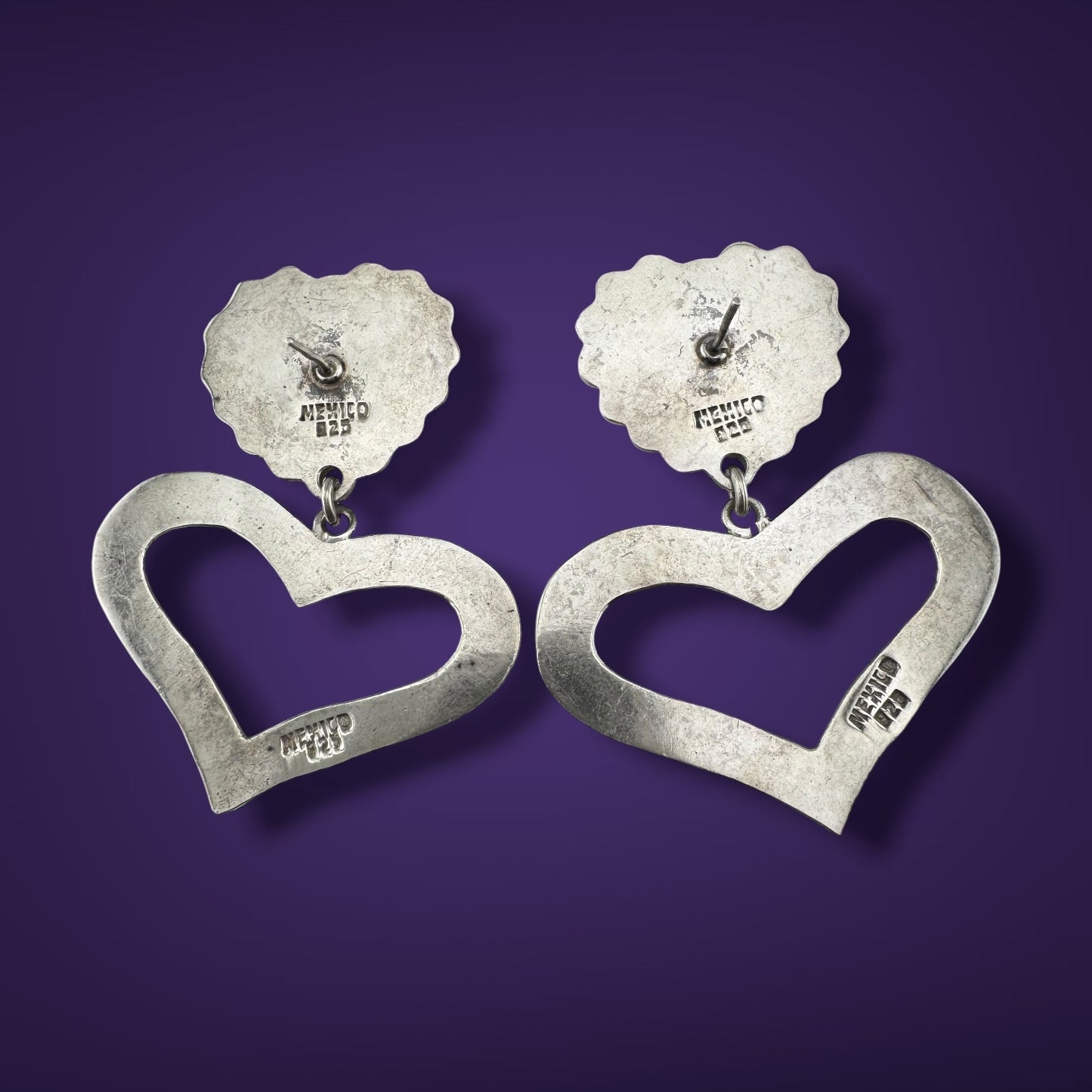Vintage Sterling Silver Heart Earrings, Handmade Mexican Dangle Statement Earrings