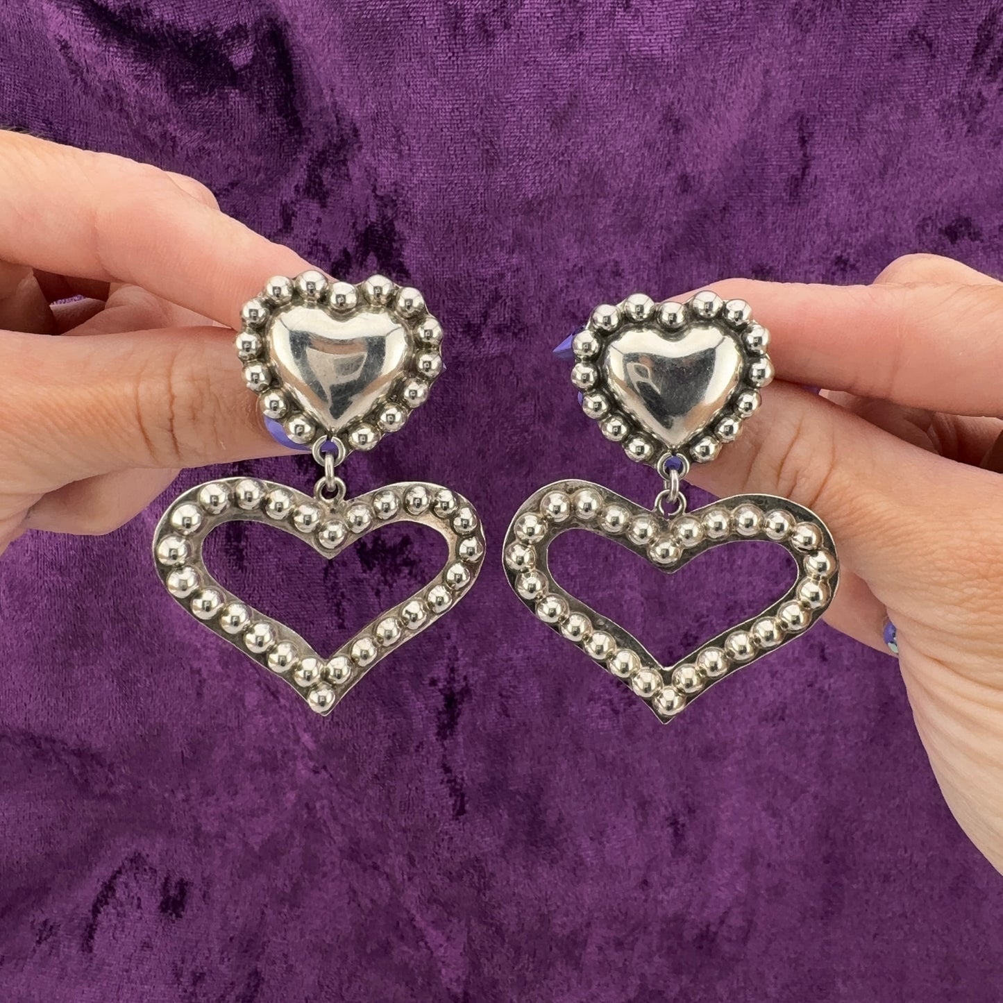 Vintage Sterling Silver Heart Earrings, Handmade Mexican Dangle Statement Earrings