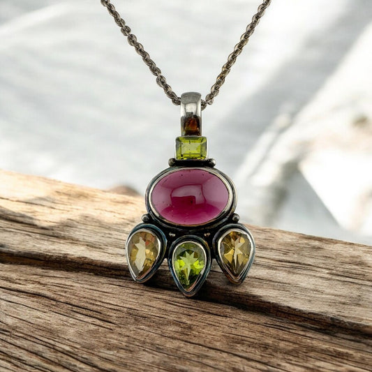 Vintage 925 Sterling Silver Bezel Set Rhodolite Garnet, Citrine, and Peridot Statement Pendant Necklace