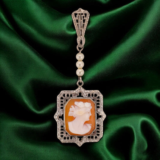 Vintage Art Deco 14K White Gold Shell Cameo Pendant with Seed Pearls – 1920s Filigree Drop Charm