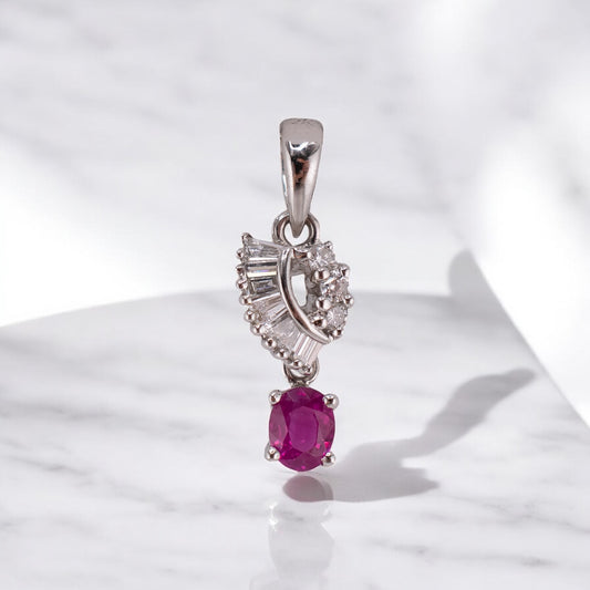 Petite Vintage 18K White Gold 0.24ct Oval Ruby & 0.19ctw. Diamond Pendant