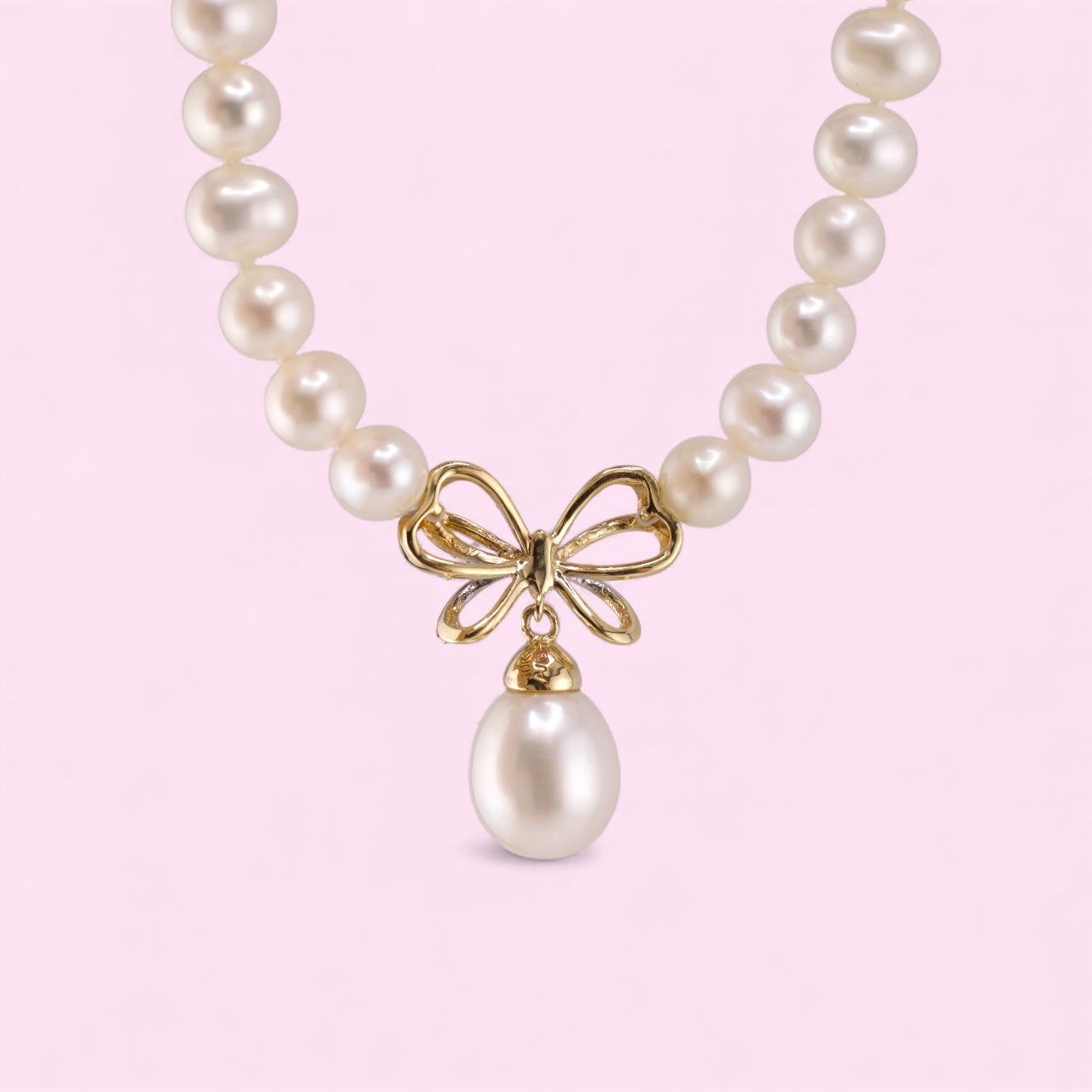 Vintage 10K Yellow Gold Diamond & Pearl Necklace with Bow Pendant