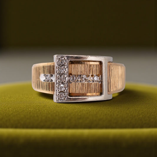 Retro 1950s–1960s Vintage 14K Yellow Gold Diamond Buckle Ring Textured Design