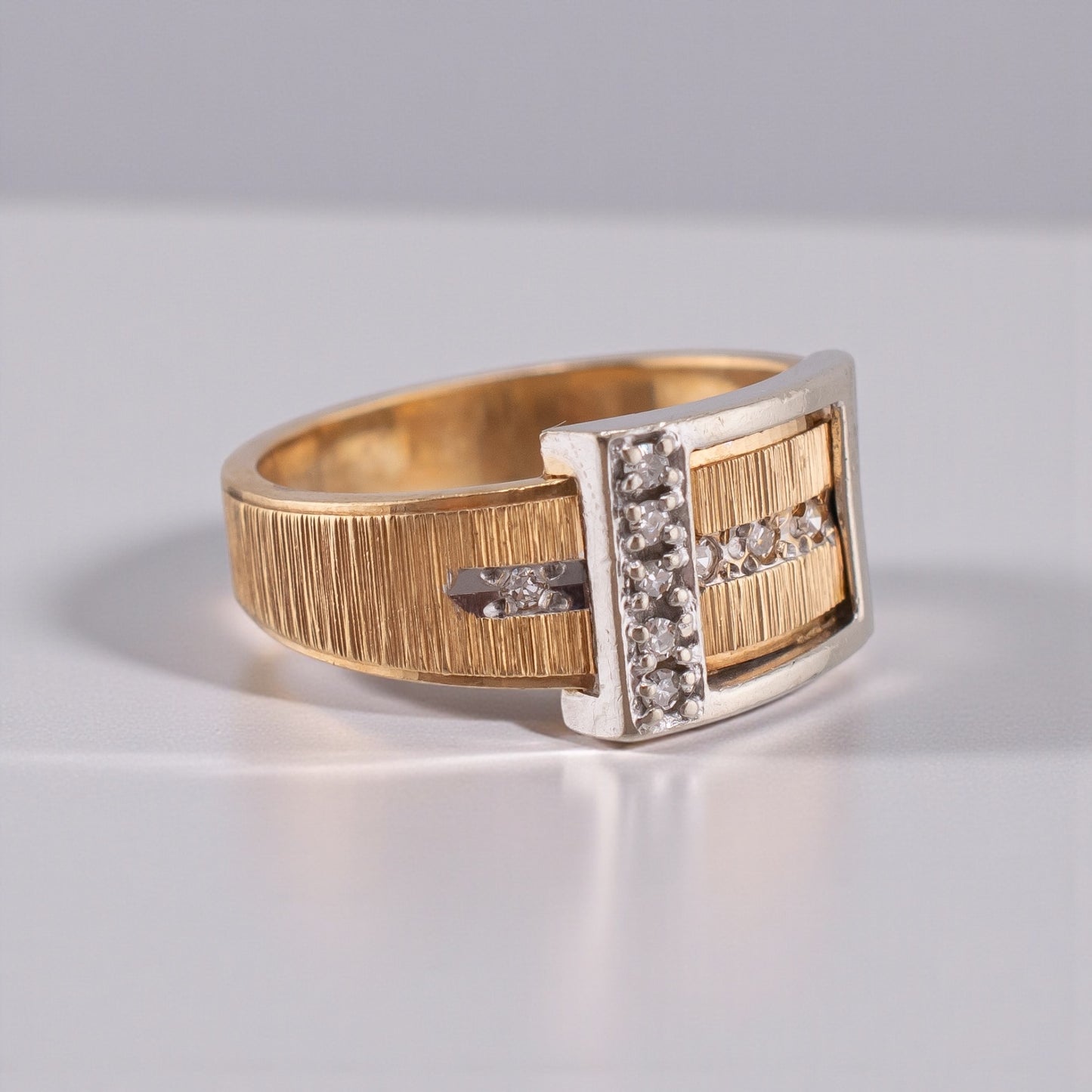 Retro 1950s–1960s Vintage 14K Yellow Gold Diamond Buckle Ring Textured Design