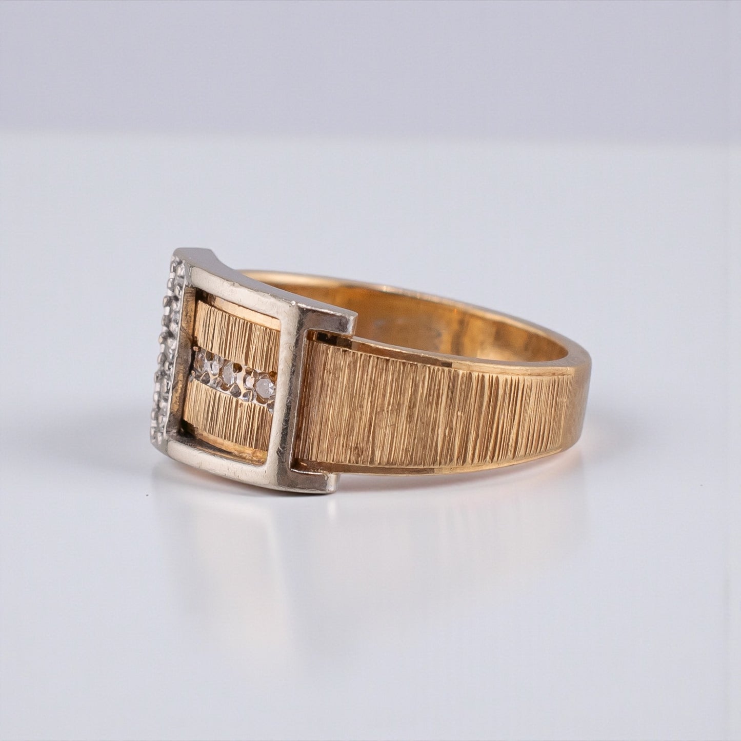Retro 1950s–1960s Vintage 14K Yellow Gold Diamond Buckle Ring Textured Design