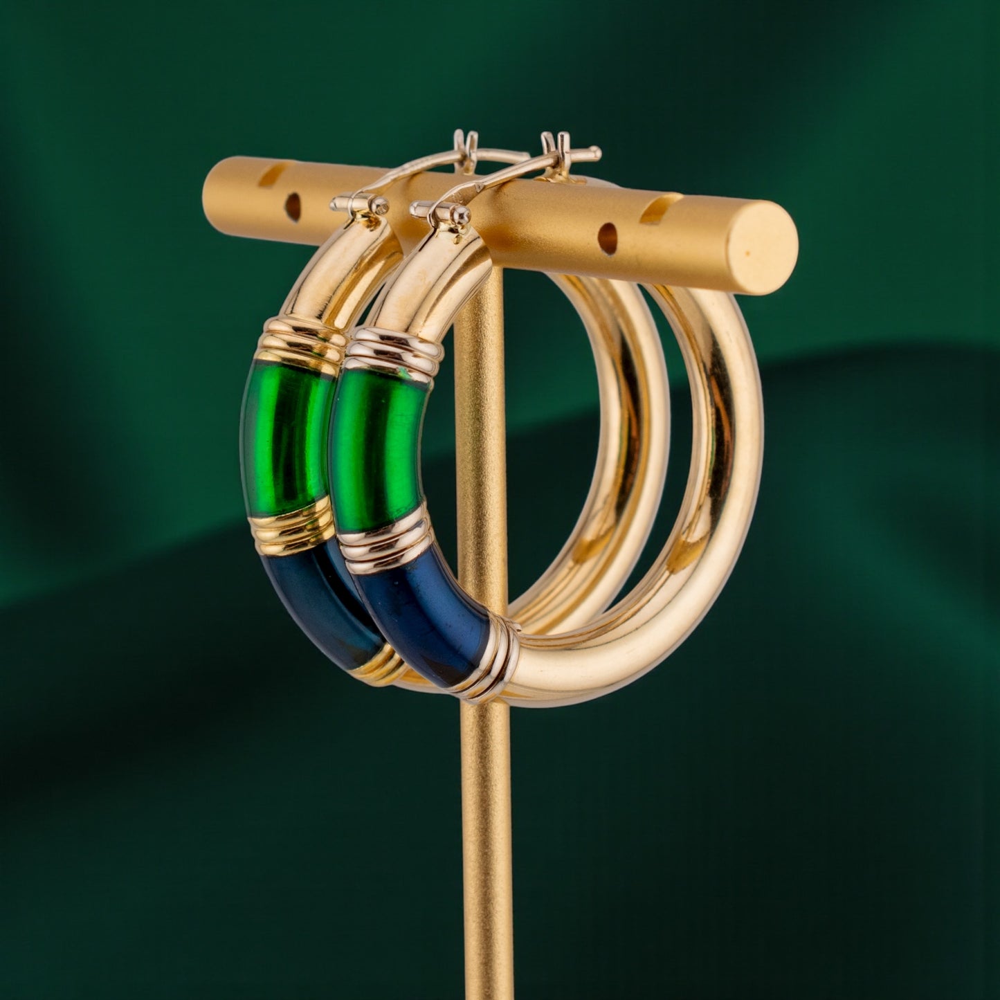 Vintage 14K Gold Blue Green Enamel Hoop Earrings Italian 1990s