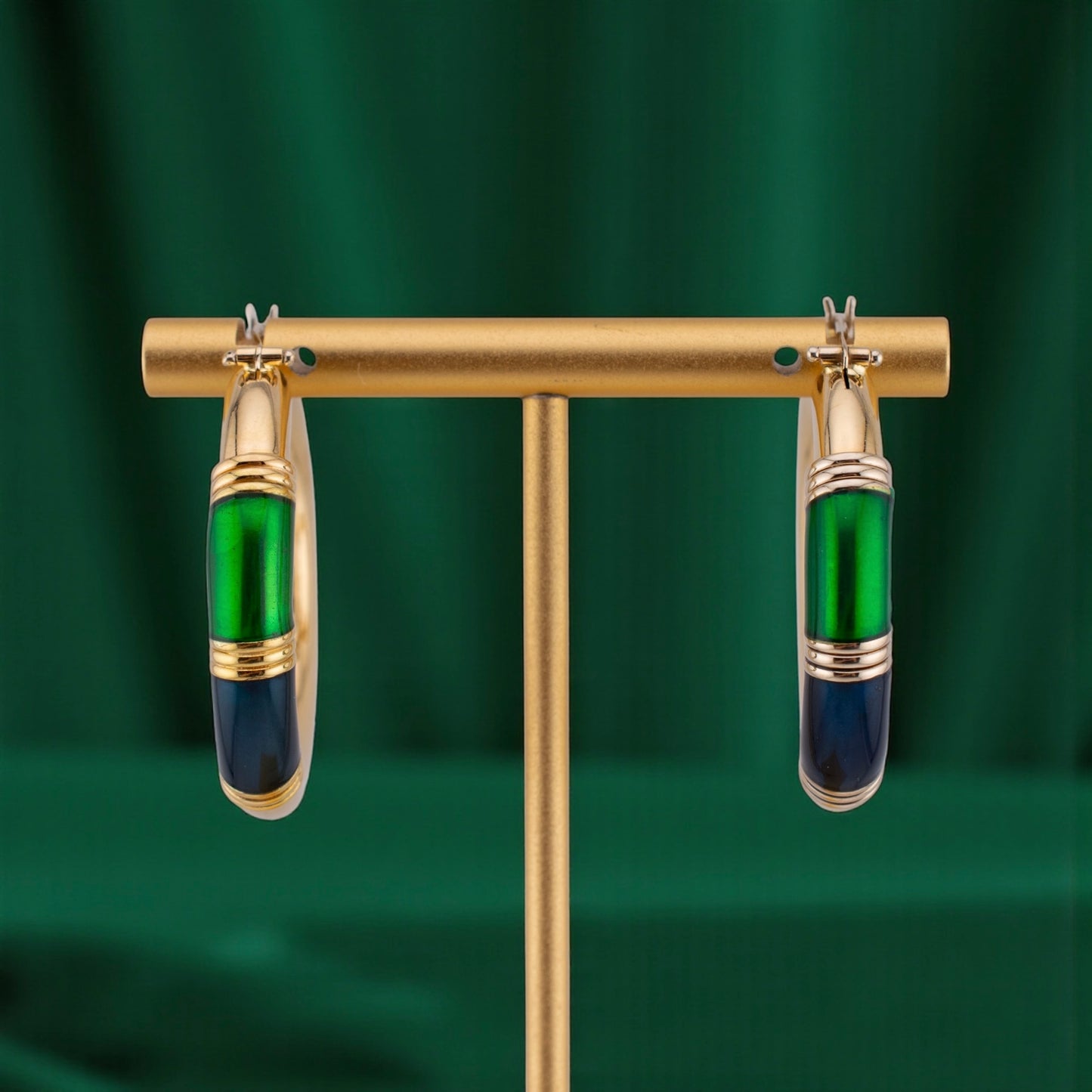 Vintage 14K Gold Blue Green Enamel Hoop Earrings Italian 1990s