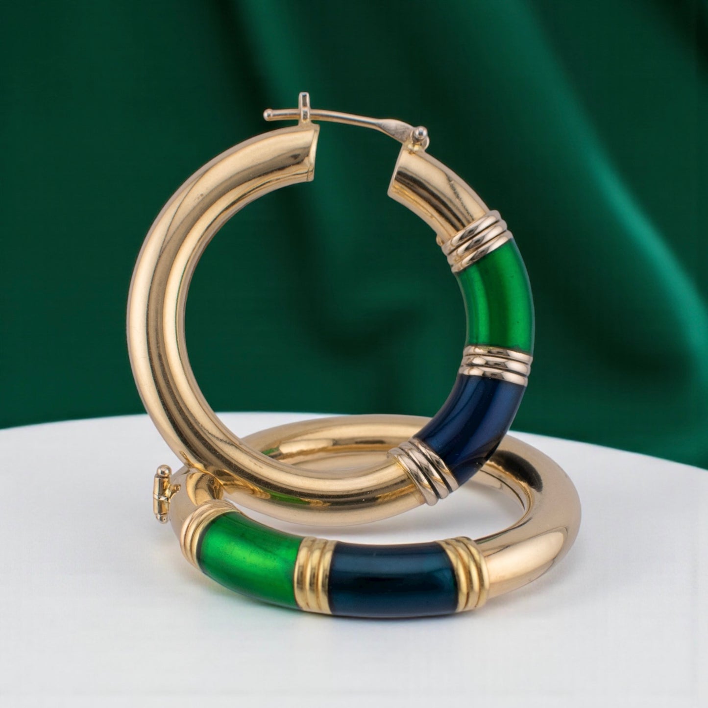 Vintage 14K Gold Blue Green Enamel Hoop Earrings Italian 1990s