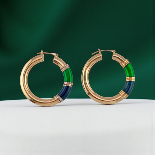 Vintage 14K Gold Blue Green Enamel Hoop Earrings Italian 1990s