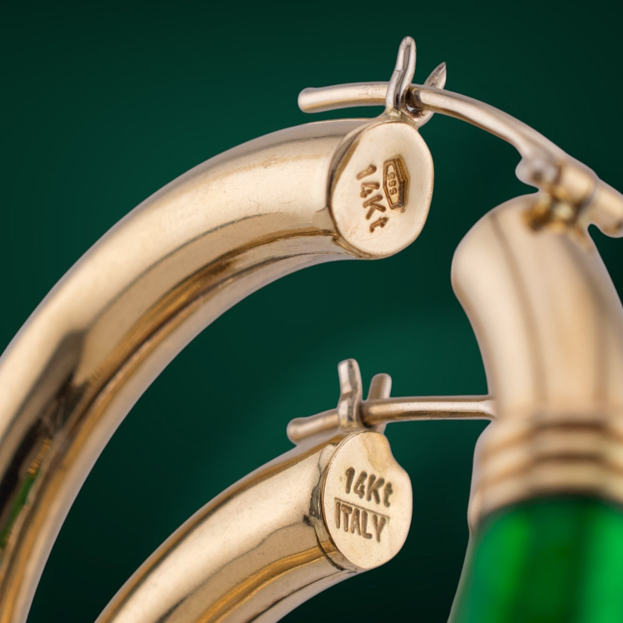 Vintage 14K Gold Blue Green Enamel Hoop Earrings Italian 1990s