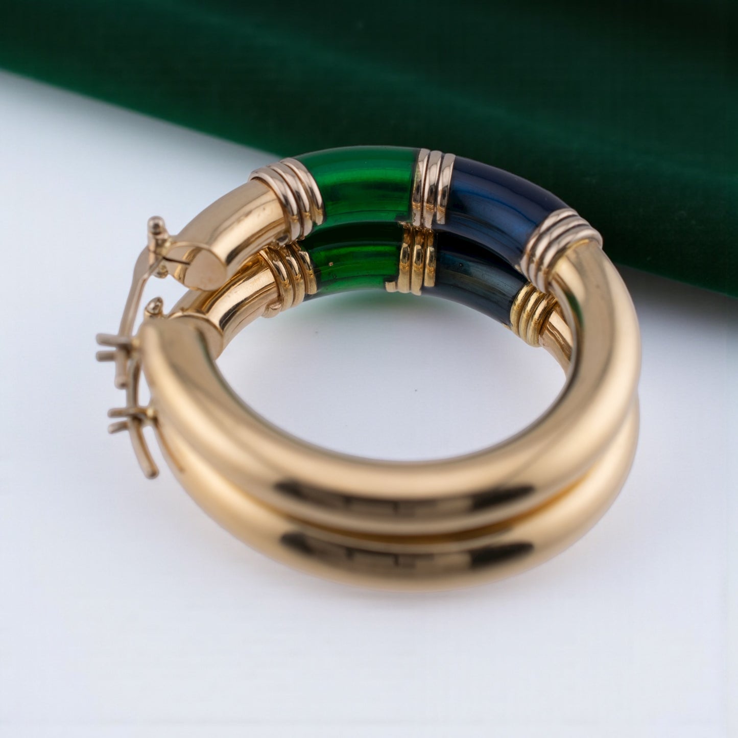 Vintage 14K Gold Blue Green Enamel Hoop Earrings Italian 1990s