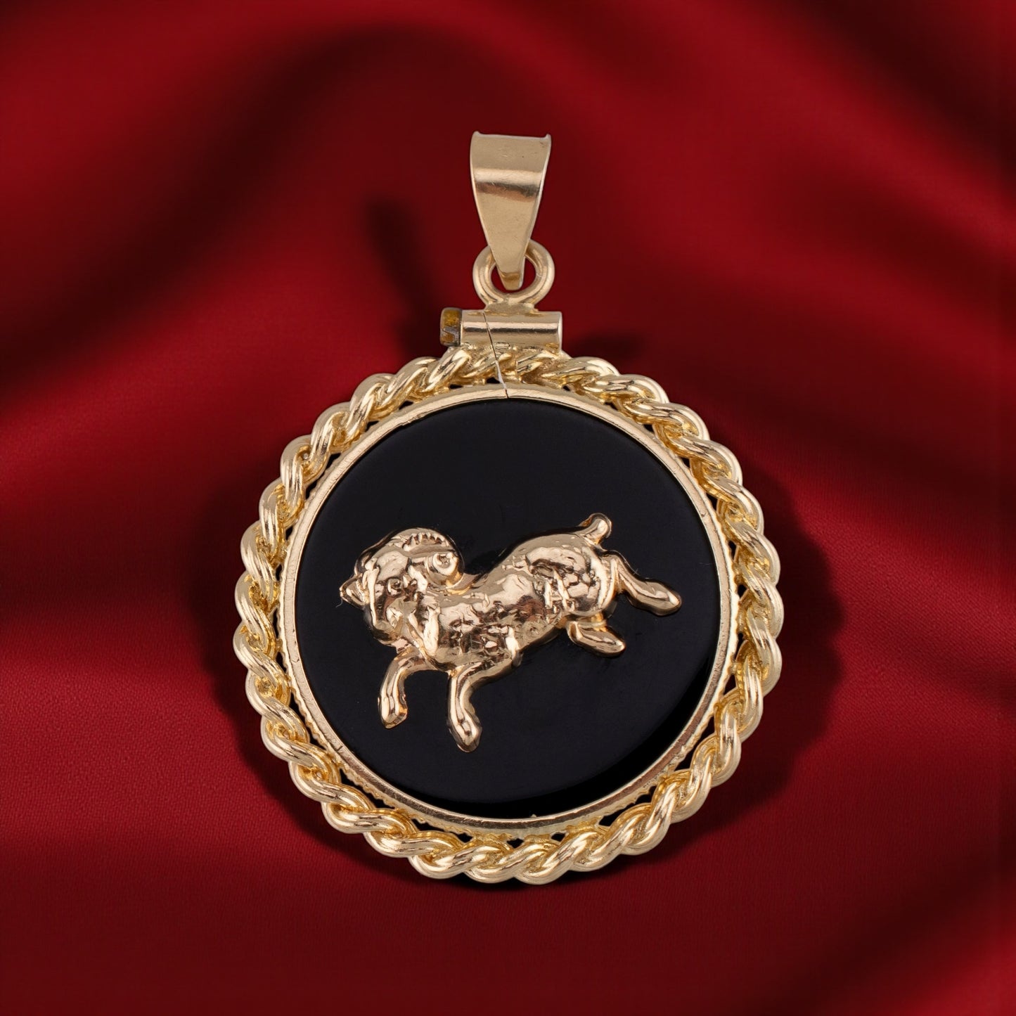 Vintage 14K Yellow Gold Aries Zodiac Pendant with Black Onyx and Rope Bezel Circa 80s-90s