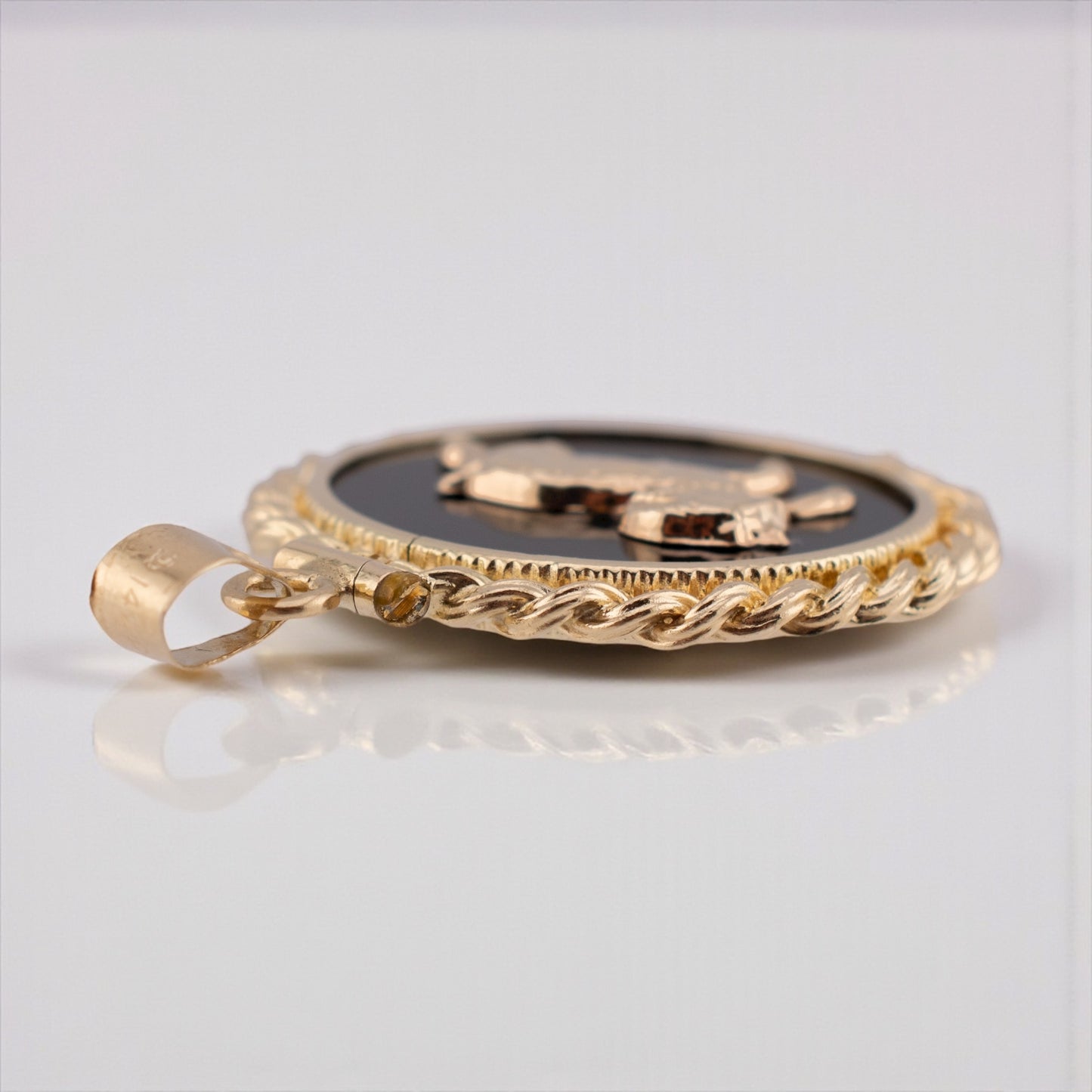 Vintage 14K Yellow Gold Aries Zodiac Pendant with Black Onyx and Rope Bezel Circa 80s-90s