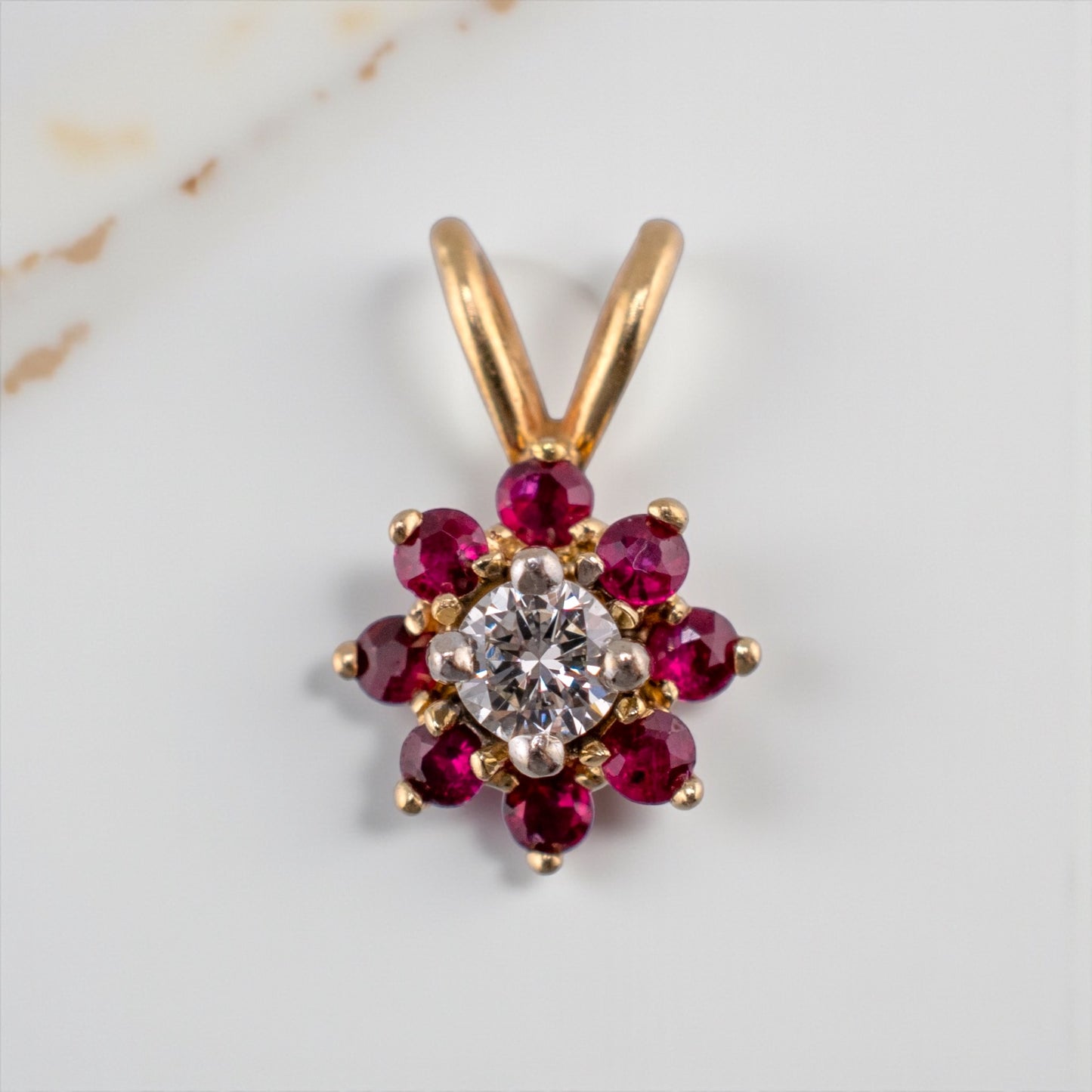 Vintage 70s-80s 14K Yellow Gold Diamond and Ruby Flower Pendant Petite Cluster Charm