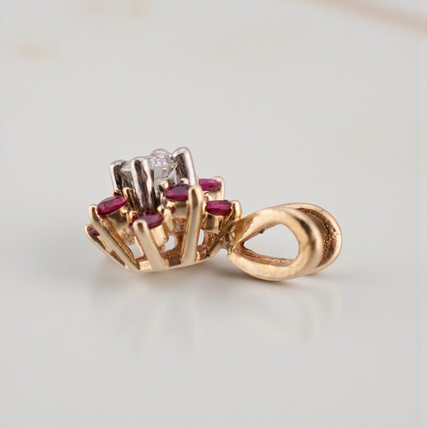 Vintage 70s-80s 14K Yellow Gold Diamond and Ruby Flower Pendant Petite Cluster Charm