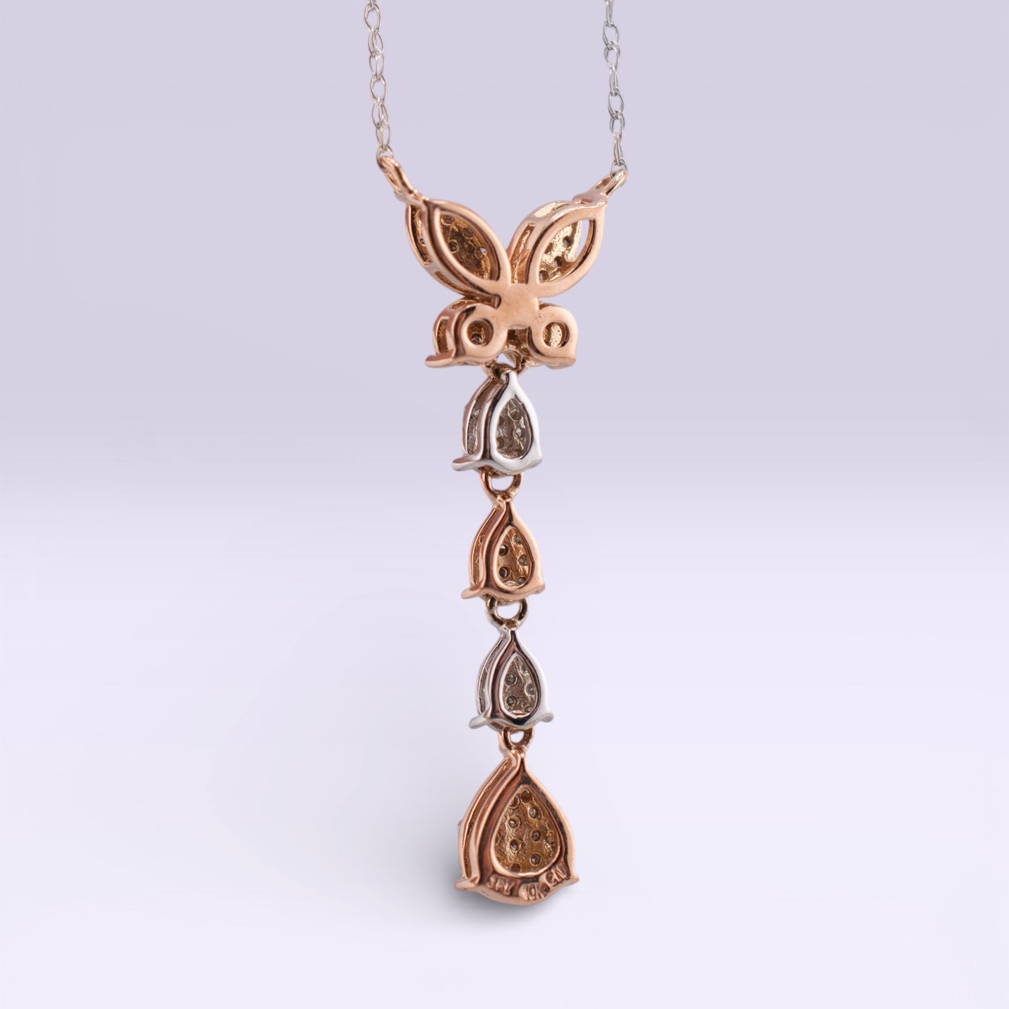 Vintage 10k White & Rose Gold Diamond Butterfly Drop Necklace 0.39ctw Two Tone 18"