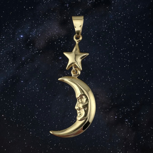 Vintage 14k Gold Crescent Moon and Star Pendant Charm Celestial Dangle