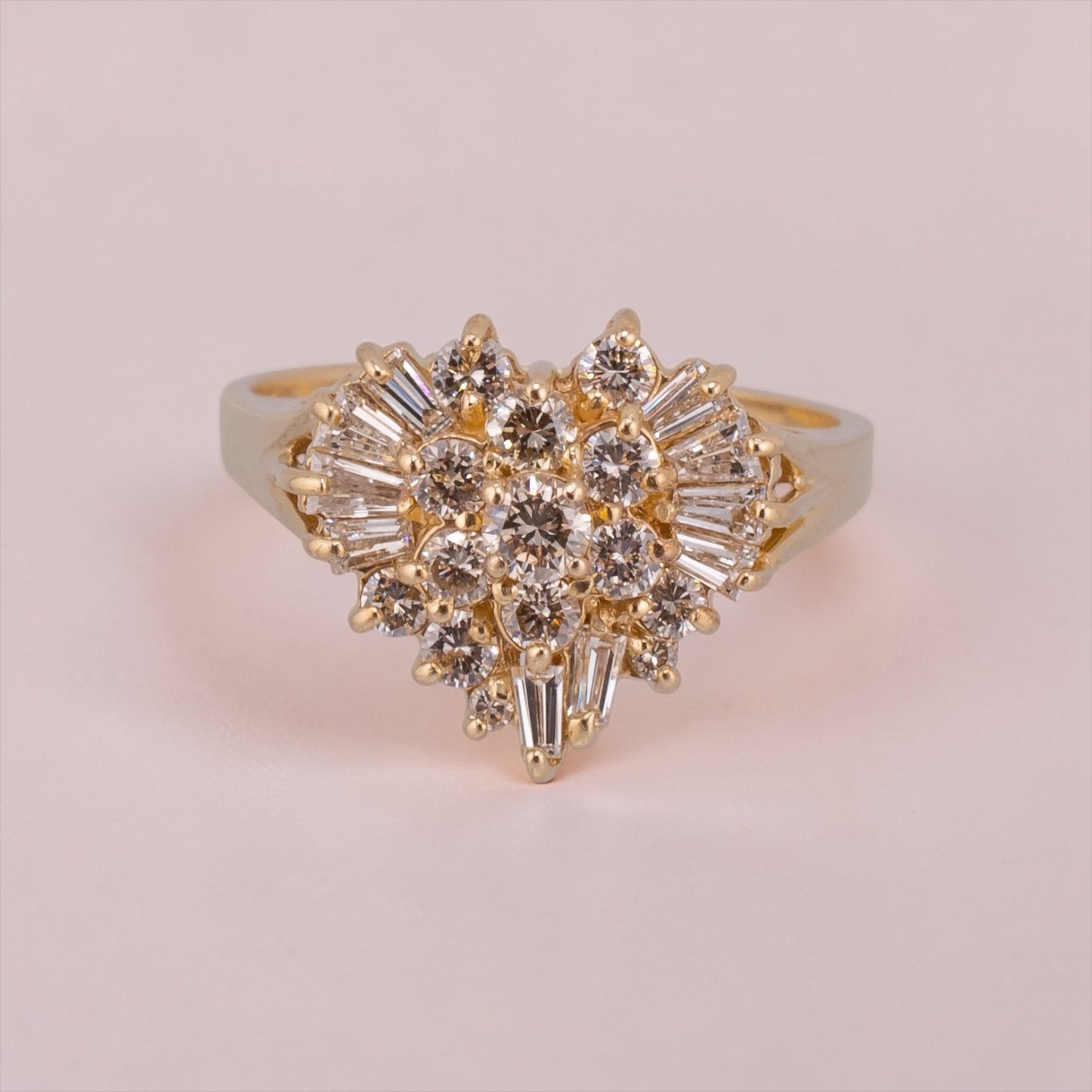 Vintage 14K Yellow Gold Round & Baguette Diamond Heart Ring 1.04 CTW