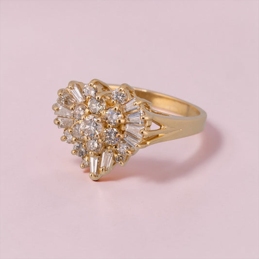 Vintage 14K Yellow Gold Round & Baguette Diamond Heart Ring 1.04 CTW