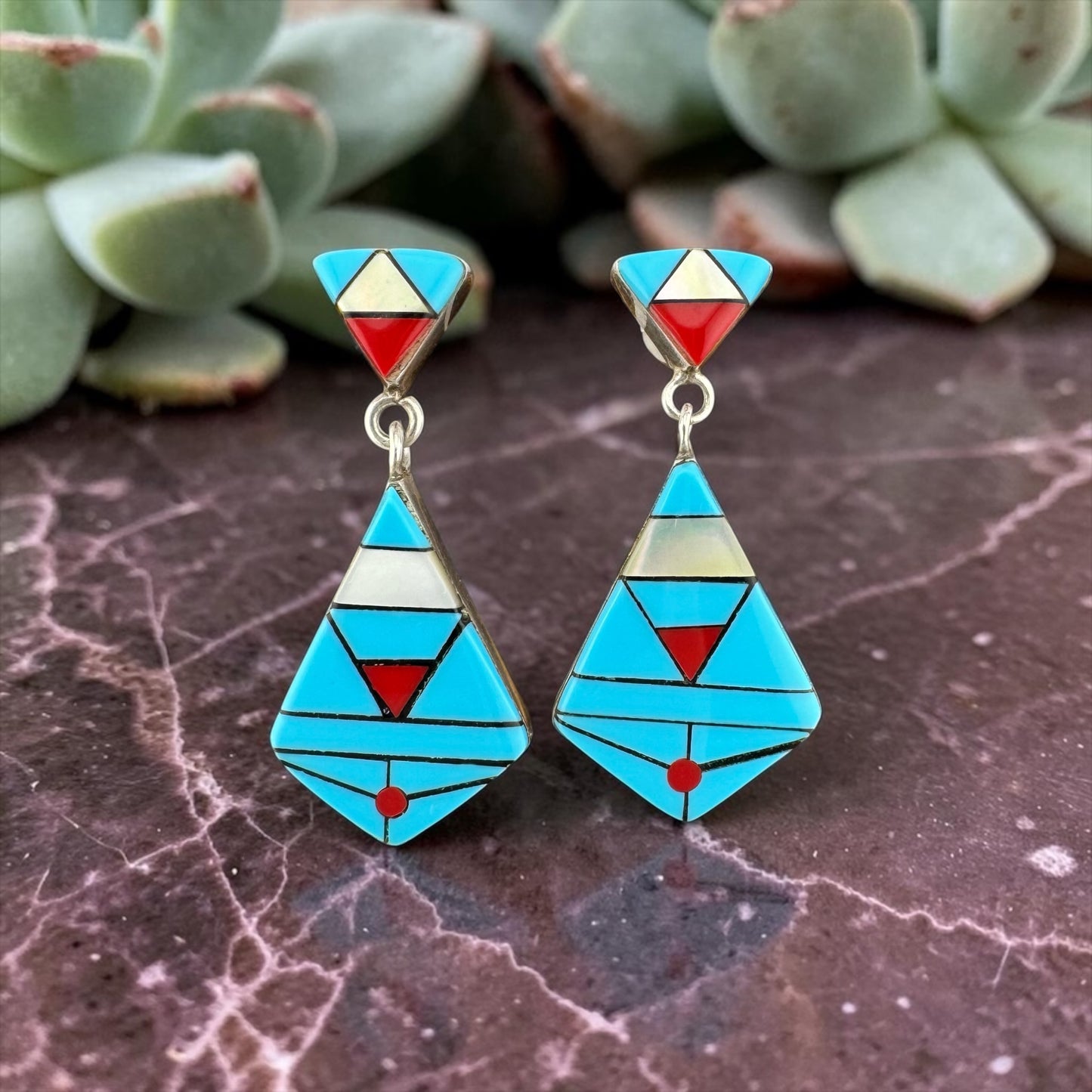 Vintage Southwestern Turquoise Coral Mother of Pearl Inlay Geometric Drop Earrings Sterling Silver