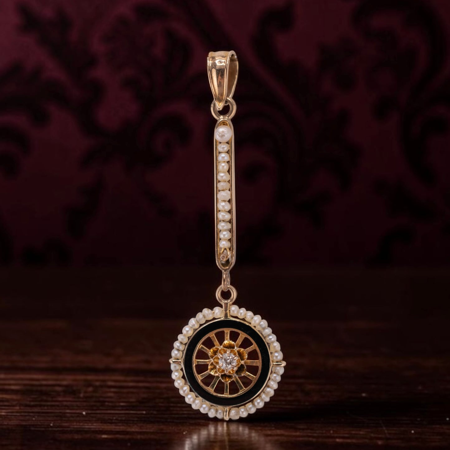 Antique Edwardian 10K Gold Lavalier Pendant Old Mine Cut Diamond Seed Pearl Black Enamel Pendant