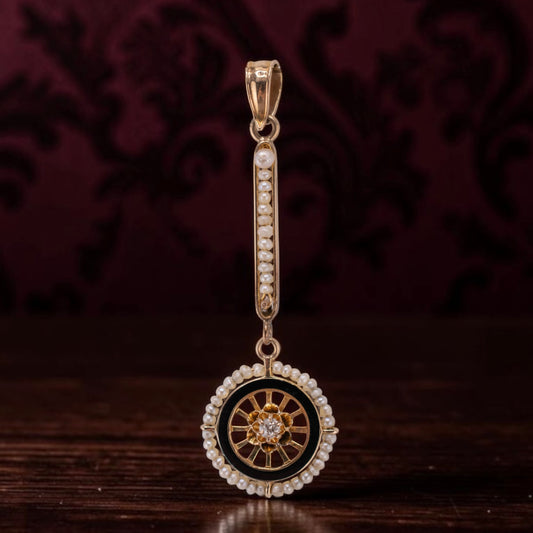 Antique Edwardian 10K Gold Lavalier Pendant Old Mine Cut Diamond Seed Pearl Black Enamel Pendant