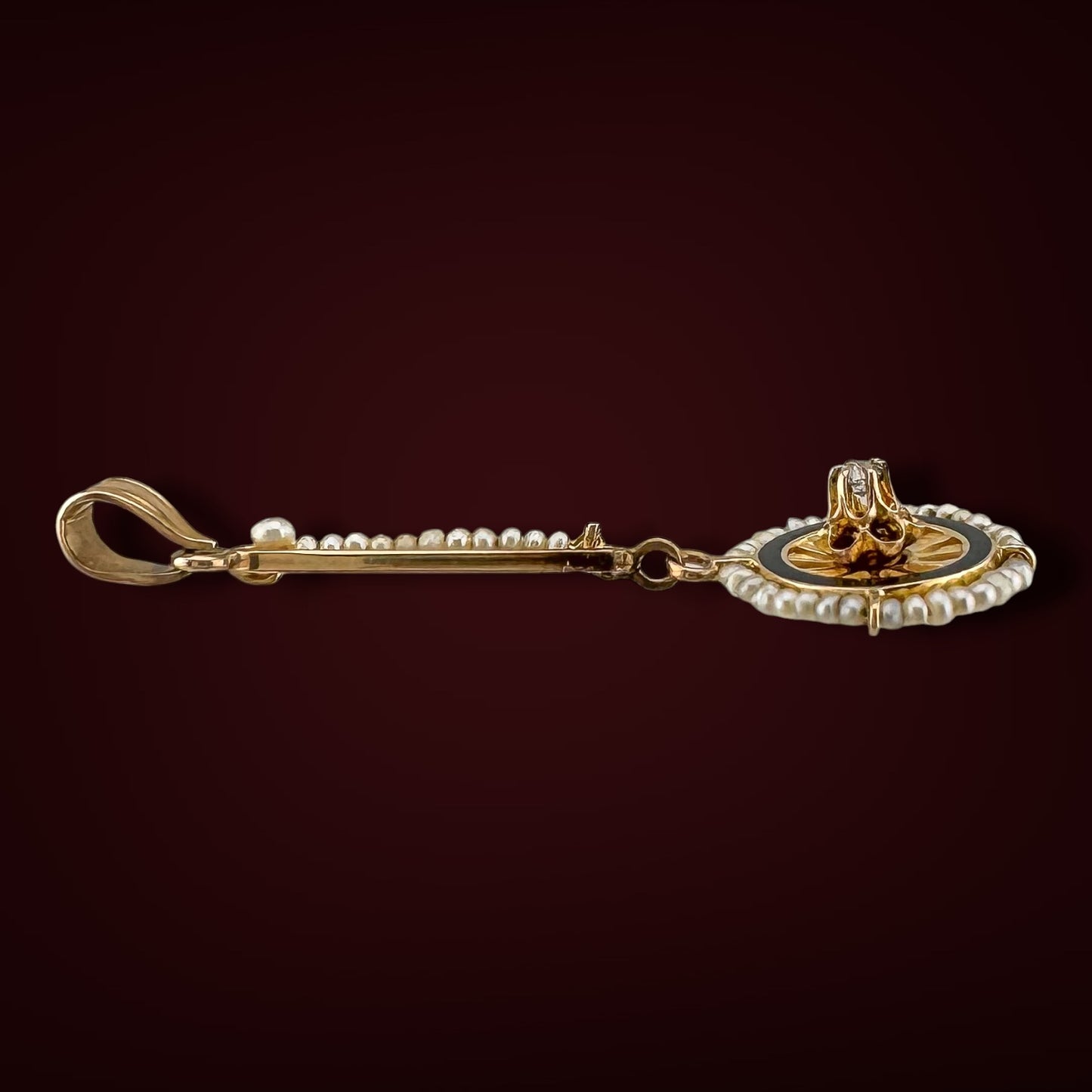 Antique Edwardian 10K Gold Lavalier Pendant Old Mine Cut Diamond Seed Pearl Black Enamel Pendant