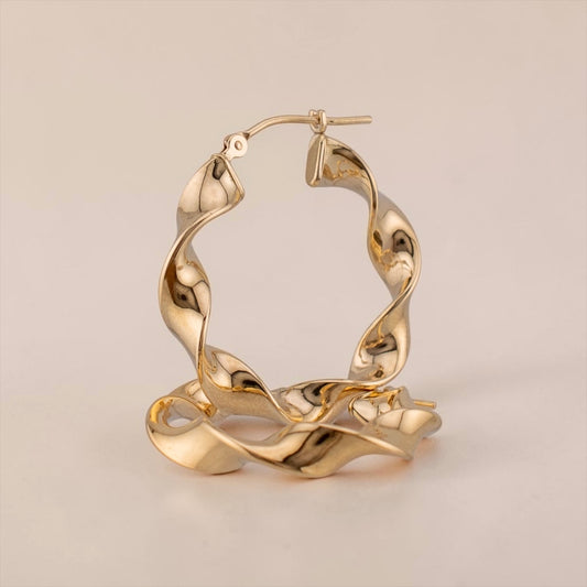 Vintage 14K Yellow Gold Sculptural Twisted Hoop Earrings 25 mm