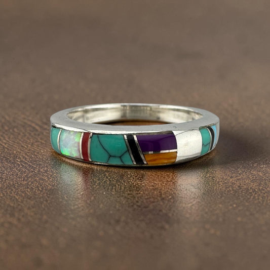 Vintage Sterling Silver Southwestern Multi-Stone Inlay Band Ring
